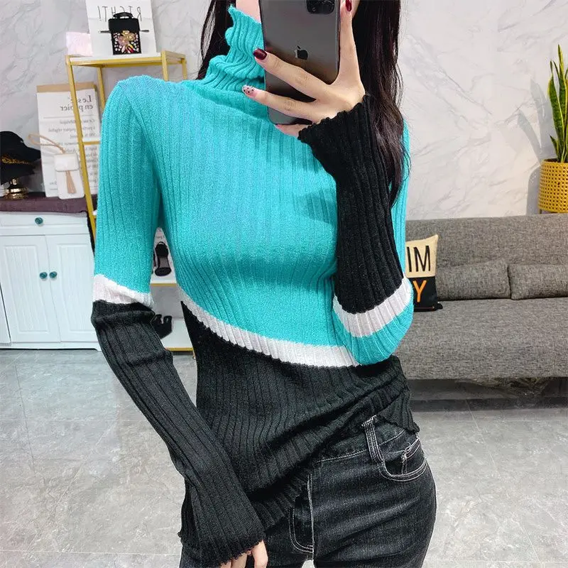 Stylish Turtleneck Knitted Spliced Loose Color Sweater Pullovers cyan