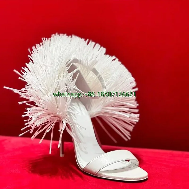 

White Round Toe Stiletto Heel Tassel Decorated Ankle Buckle Sandals Large Size Open Toe Fashion High Heels