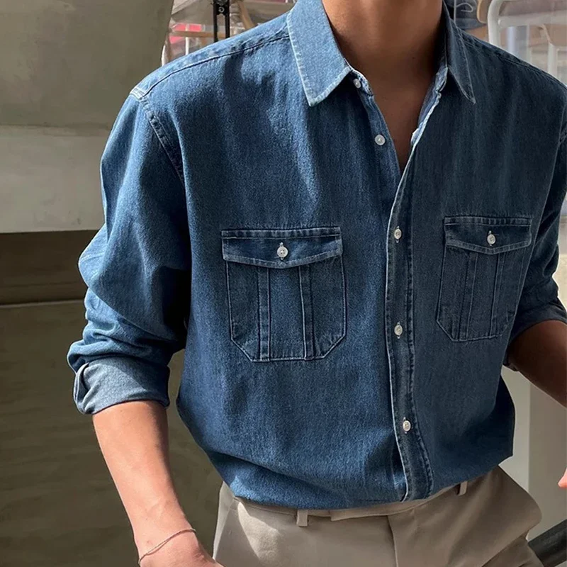 Denim Shirt Long Sleeve Patchwork Pockets Button Cardigans For Men