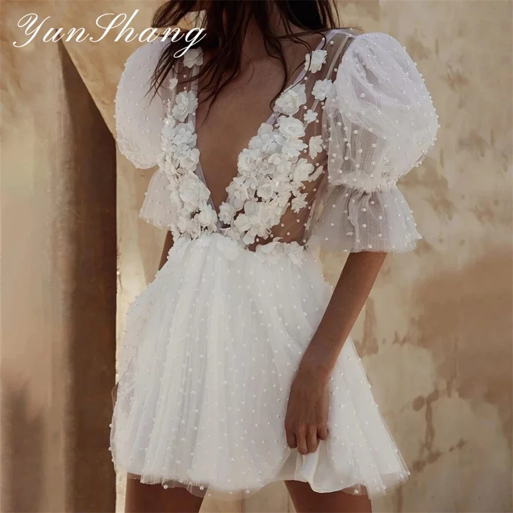 

Yunshang Short Wedding Dress 2024 Open Back V-Neck Half Puff Sleeve 3D Flowers Plears Bridal Gown Sweep Train Vestidos De Novia