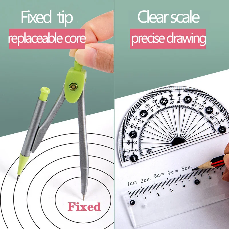 7Pcs Ruler Set Math Drawing Tool Kawaii Geometric Drawing Eraser Compasses Scholar Kit Compass School Supplies Set Stationery