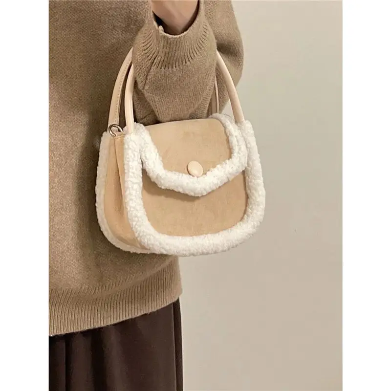 JIAERDI Sweet Cute Plush Handbag Women Khaki Panel Square Shoulder Bag Ladies Korean 2025 New Autumn Winter Casual Crossbody Bag