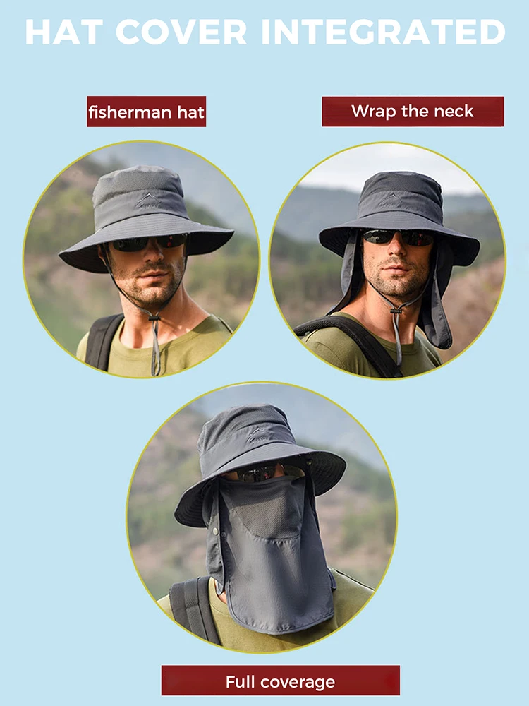 2개 세트 넓은 챙 햇빛 가리개 모자 & 탈부착 가능한 얼굴 가리개 - 자외선 차단, 남녀 공용 대형 야외 스포츠 및 해변 모자, 브라운