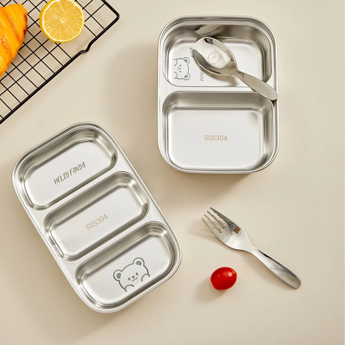 Dining Dish 304 Stainless Steel Multi-Grid Dinner Plate Kid Divided Dinning Plate Canteen 2/3 Compartments Food For Student