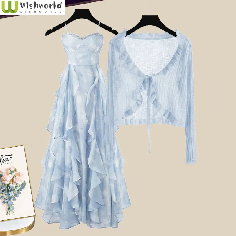 Spring/Summer Set Women's 2024 New Korean Edition Sunscreen Ice Silk Knitted Cardigan Hanging Strap Dress Two Piece Set
