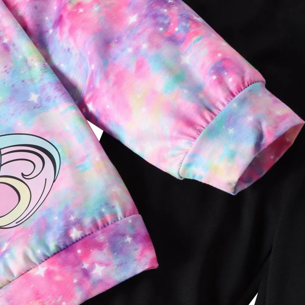 Children Girls Set Spring Autumn Casual Cartoon Printed Tie-dye Full Print Hooded Coat T-shirt Pants Kids Tracksuit 2Pcs Clothes