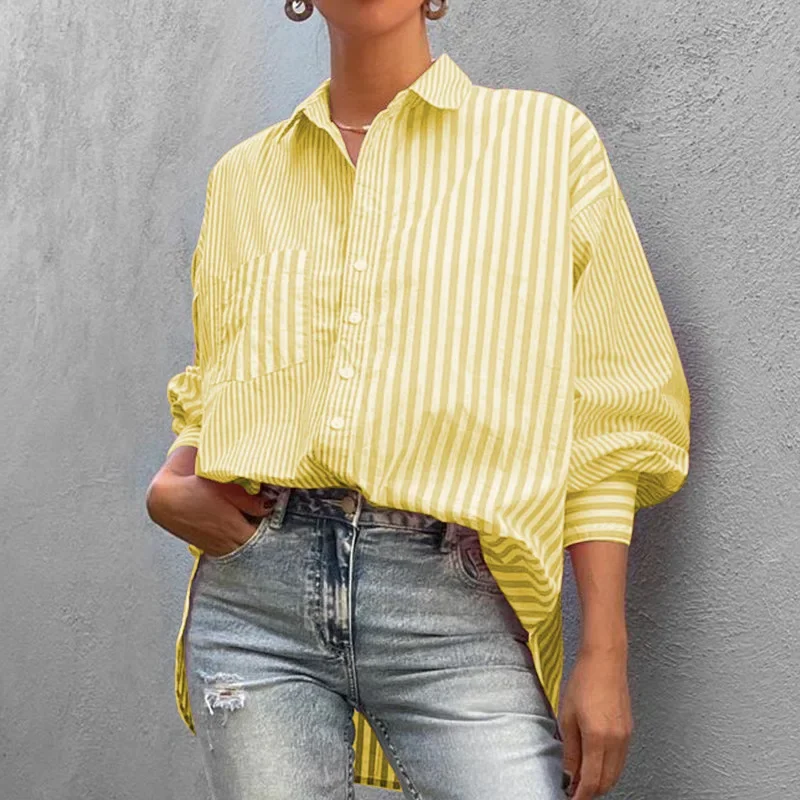 

Striped Shirts Top Loose Single Breasted Y2K Casual Shirt Tops Women Pockets Polo Collar Loose Long Sleeve Shirts Blouses