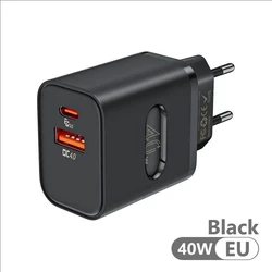 Universal 40W USB - C Fast Wall Charger with EU/US Plug Adapter - EU Plug Black