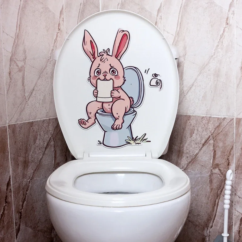Cartoon Pink Rabbit Toilet Water Tank Toilet Stickers Home Decoration Wall Stickers Self-Adhesive Decor Decals Bathroom