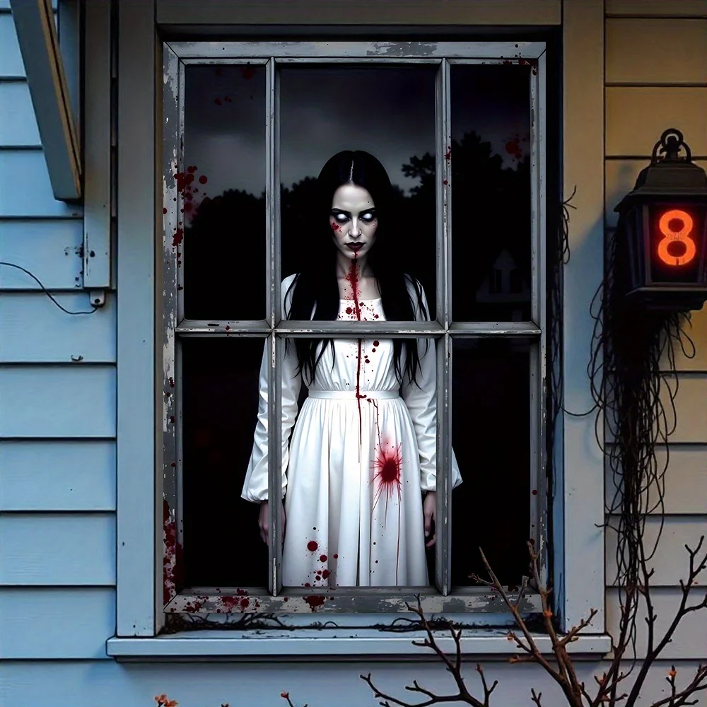 2D-Türbanner, 1 Stück Halloween – Polyester, geisterhafte Frau im weißen Kleid mit Blutspritzer, schwarzes Spinnen-Design – Detail 5