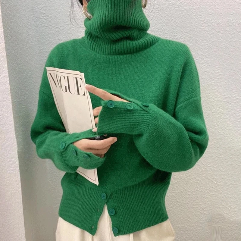 

Autumn Winter Turtleneck Pullovers Women Sweaters Long Sleeve Green Cashmere Knitted Sweater Woman Buttons Loose Jumpers 29498