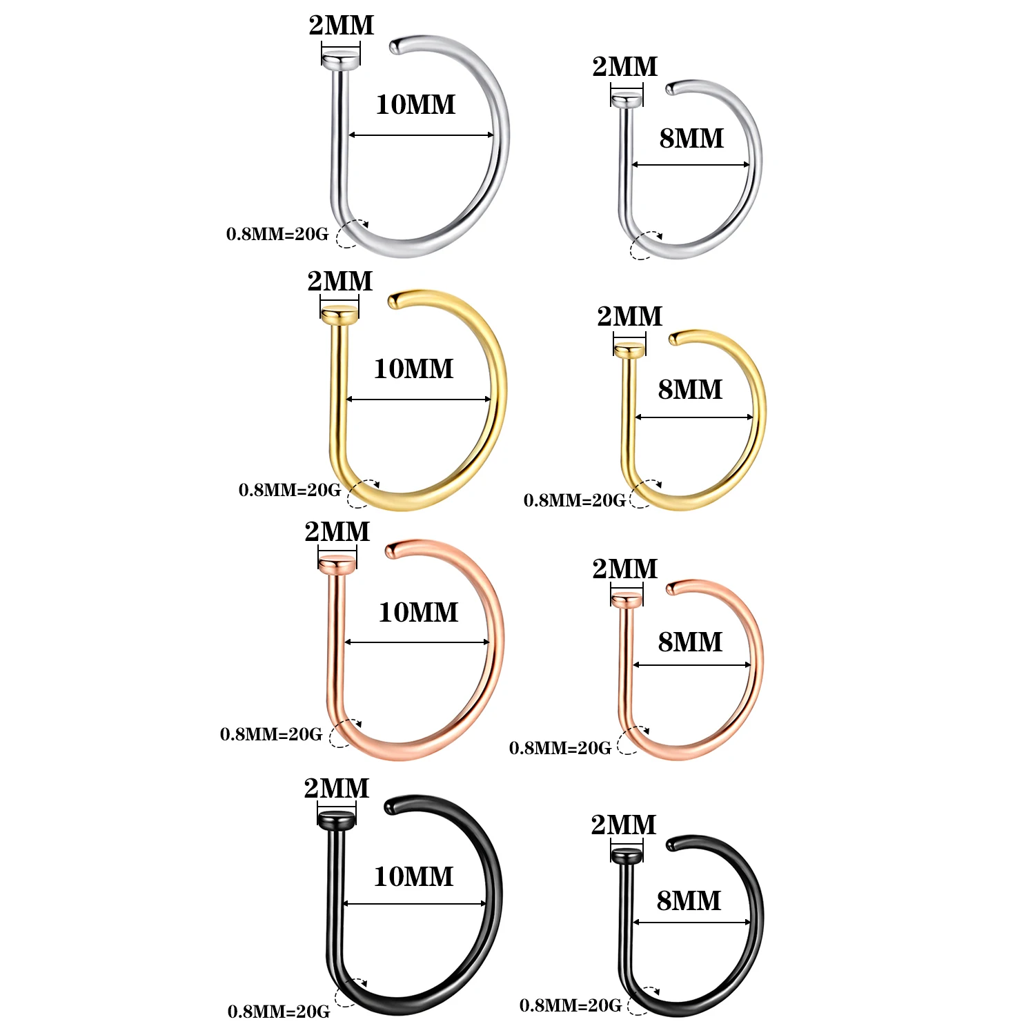 Nose Rings Piercing Jewelry 20G Hypoallergenic Stainless Steel D Shape Nose Clip for Women Men