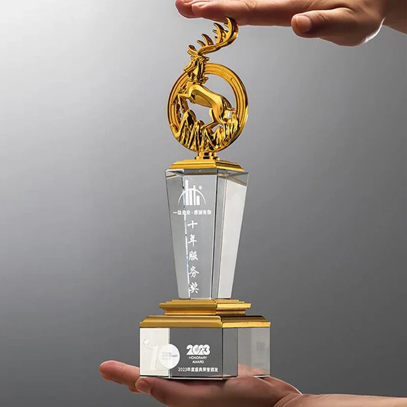 Customized High-end Crystal Trophy, Souvenir Crafts Gift, Home Decoration, Creative Metal Deer Trophies Commemorative Award, 1Pc