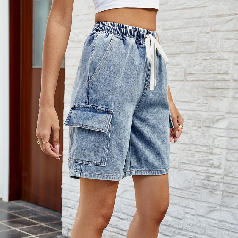Women's Wide Leg Gradient Blue Retro Denim Shorts New Summer Female High Waist Loose Drawstring Short Jeans Streetwear Capris