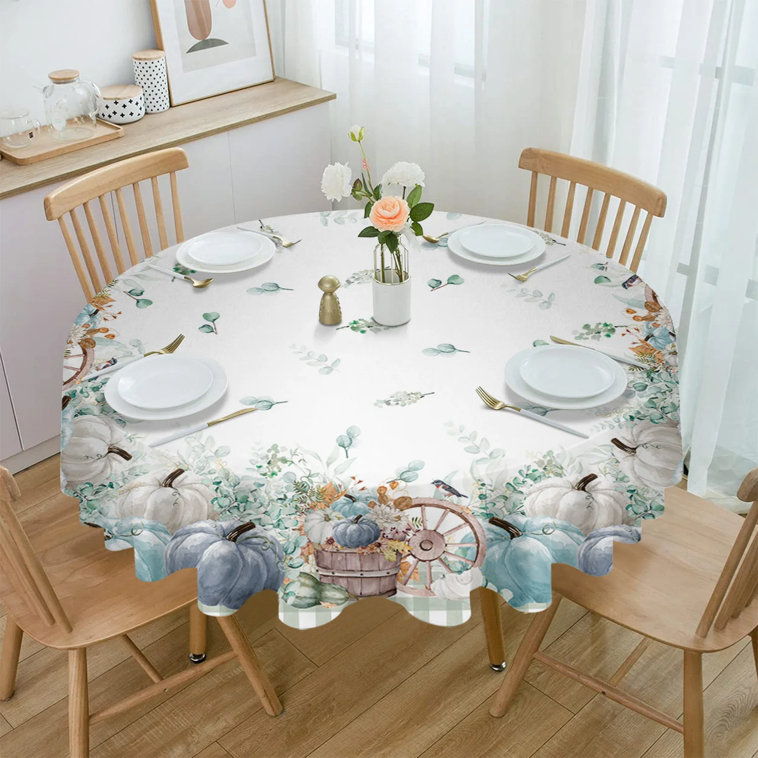 

Thanksgiving Pumpkin Plaid Round Tablecloth Party Kitchen Dinner Table Cover Holiday Decor Waterproof Coffee Picnic Mat