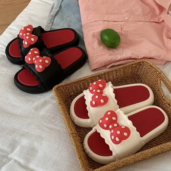 Women Sweet BathSlippers Lovely Polka Dot Bow Decor Color-Blocking Thick Soft-Sole Bathroom Beach Summer Casual Non-slip Home 1