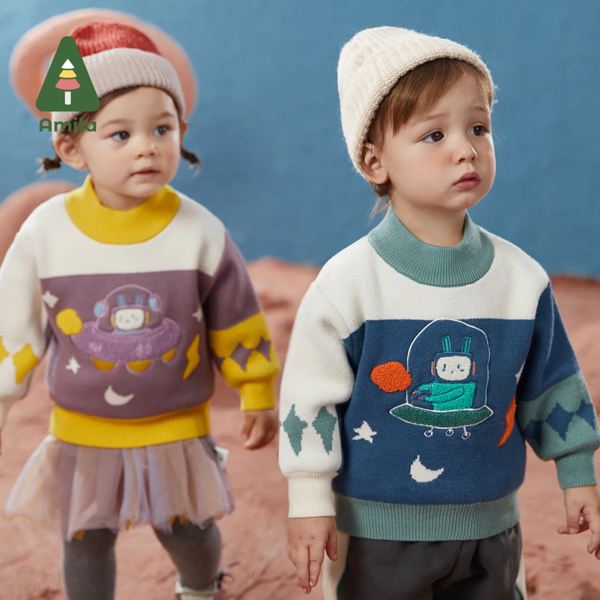 Amila Babieas Sweater Winter Baby Girls Children's Cartoon Embroidered Alien Pattern Tops Boys Casual Fashion Clothing