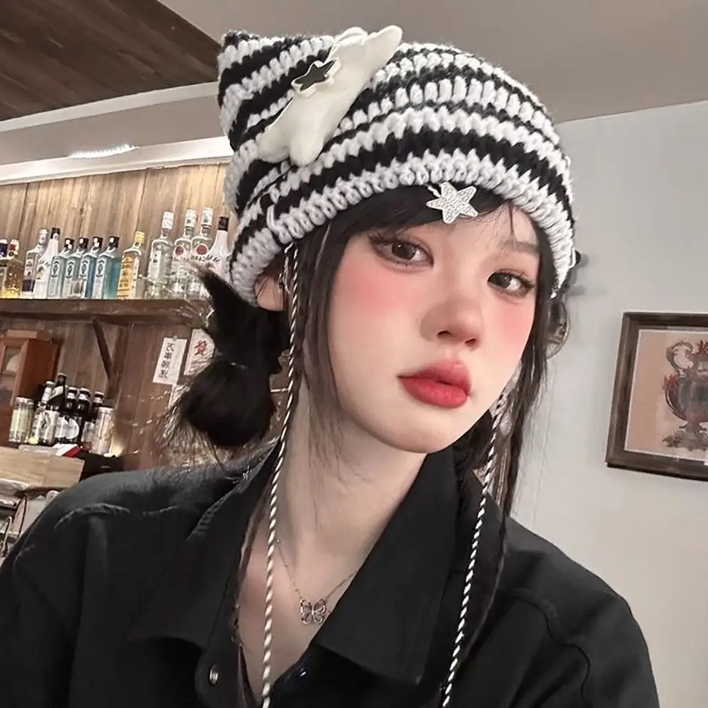 Y2K Beanie Hut Ins Teufel Ohr Gestreifte Gestrickte Wolle Kappe Herbst Winter Hip-hop Häkeln Nette Katze Ohren Spitz Pullover frauen Hüte – Detail 2