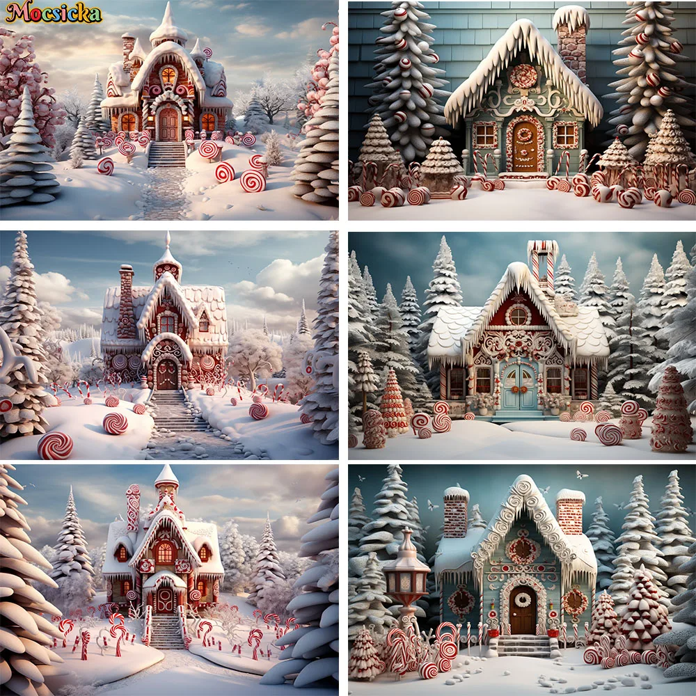 

Mocsicka Christmas Candy Cane House Photography Background Xmas Tree Forest Snowy Road Decor Winter Kids Photo Booth Backdrop