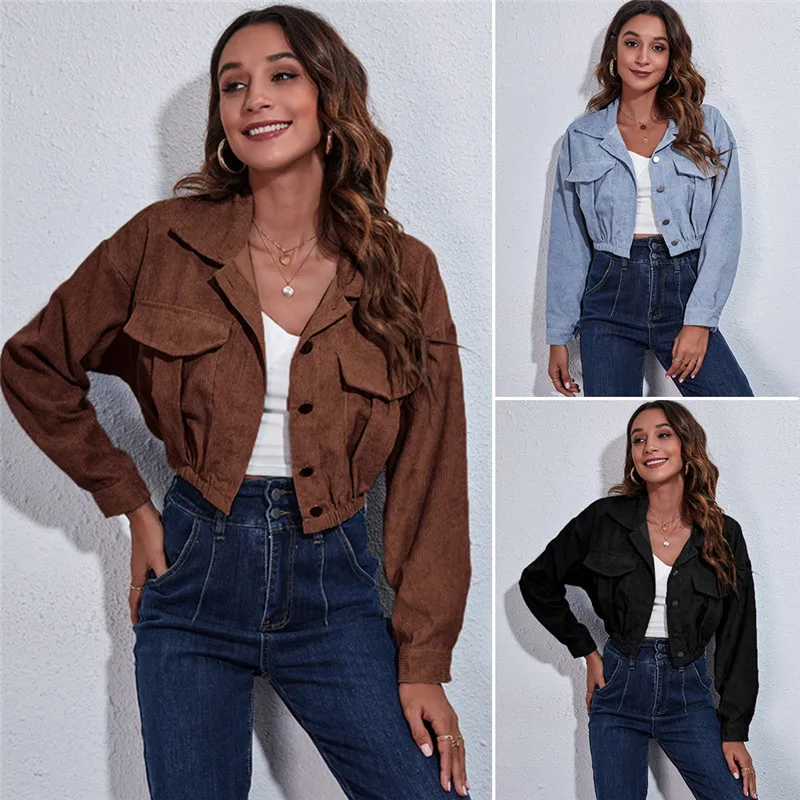 

2022 Fashion Women Corduroy Short Jacket Autumn Winter Female Loose Coats Single Breasted Long Sleeve Overcoat Clothes Overshirt