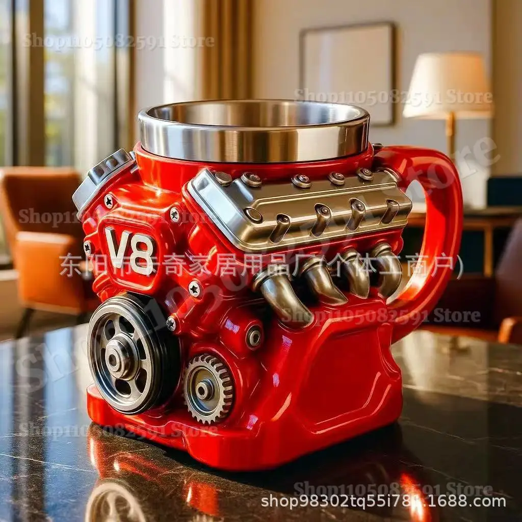 Retro V8 Engine Coffee Mug – Stainless Steel Double-Wall Insulated Car Mug with Handle 6