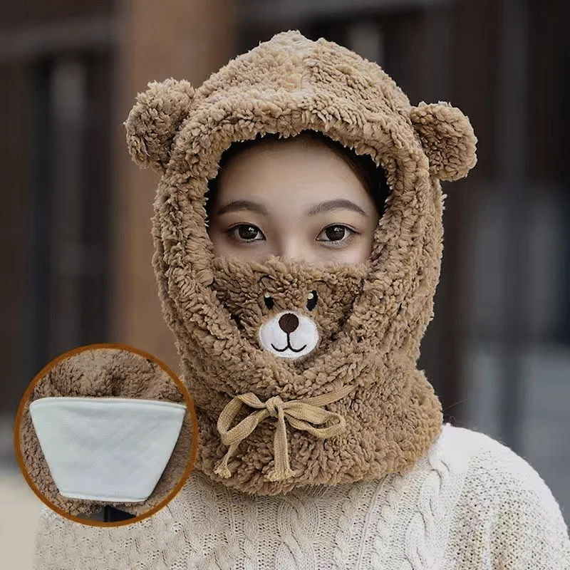 1PC Scarf Hat Warm one-piece Hat Bear Winter Students lamb's Wool Korean Version Of The Hooded Mask Plush Cap winter hat