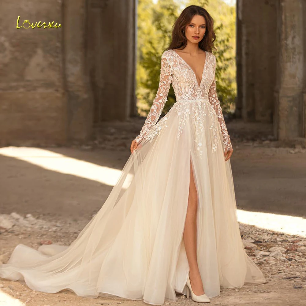 

Loverxu Backless Boho Wedding Dresses 2024 V-Neck Long Sleeve Split Robe De Mariee Lace Appliques A-Line Shiny Vestido De Novia