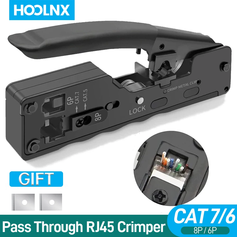 Hoolnx Pass Through Network Crimp Alicatadores Ferramenta de Crimpagem Plugue Modular Conector Cat7 Cat6a Cat6 Cat5 Cat5e 8p 6p