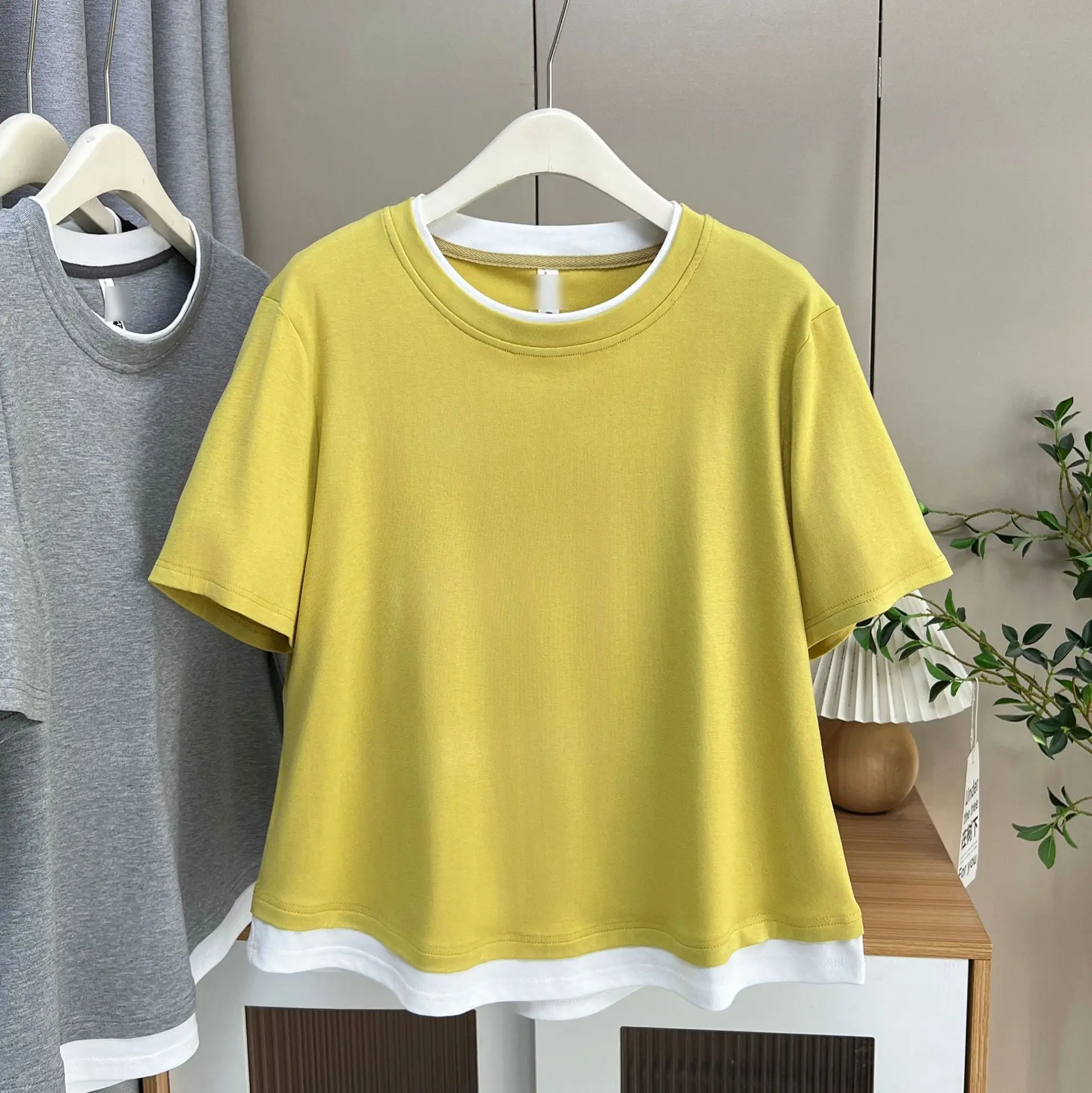 Summer Top New 100kg Casual Color Contrast Fake Two Pieces Short Sleeve Tees Plus Size Women T-shirt 2236