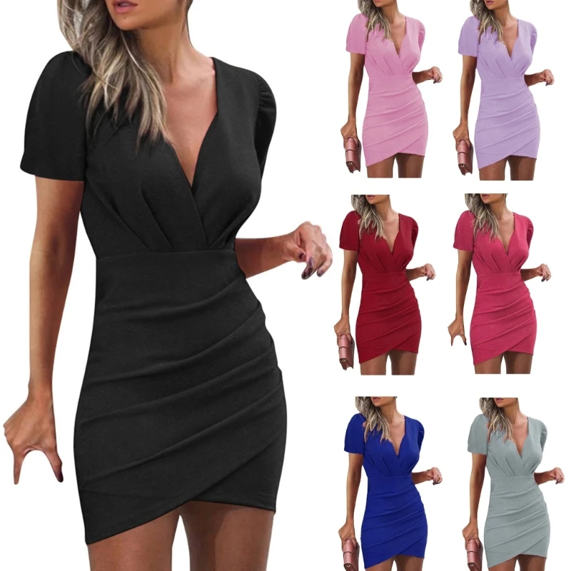 

Women Ruched Bodycon Dress Mini Cocktail Dress Short Sleeve Asymmetrical Dress Sexy Deep V Neck Bodycon Wrap Dress