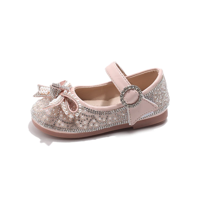 Princess Kids Leather Shoes for Girls Casual Glitter Low Heel Beaded Butterfly Knot Pink Silver
