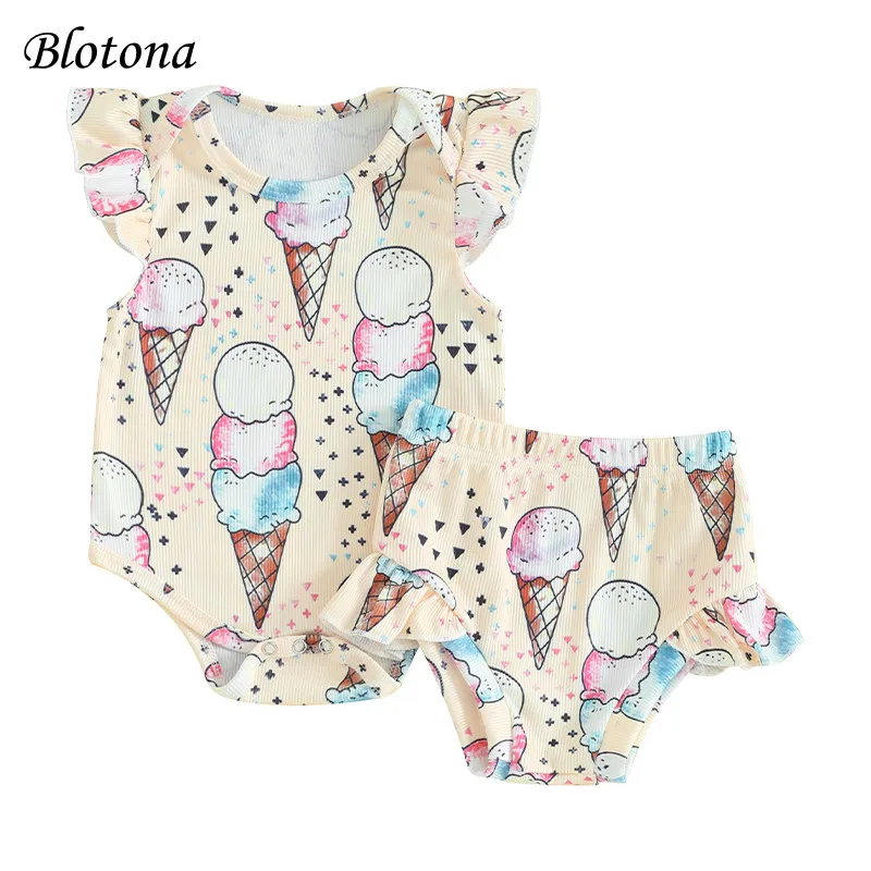 

Blotona Baby Girls Summer 2Pcs Outfits Flying Sleeve Ice Cream Print Romper Ruffle PP Shorts Sets 0-12M