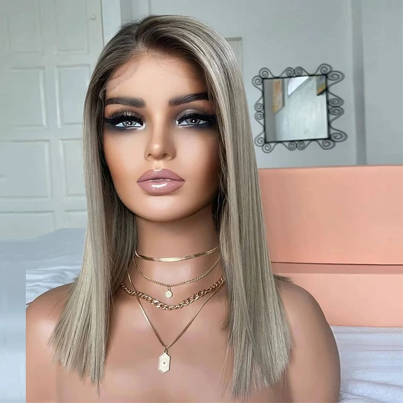 Short Ash Grey Blonde Bob Wigs for White Women Ombre Blonde Wig with Brown Roots Straight Heat Synthetic Daily Party Wig 16 inch