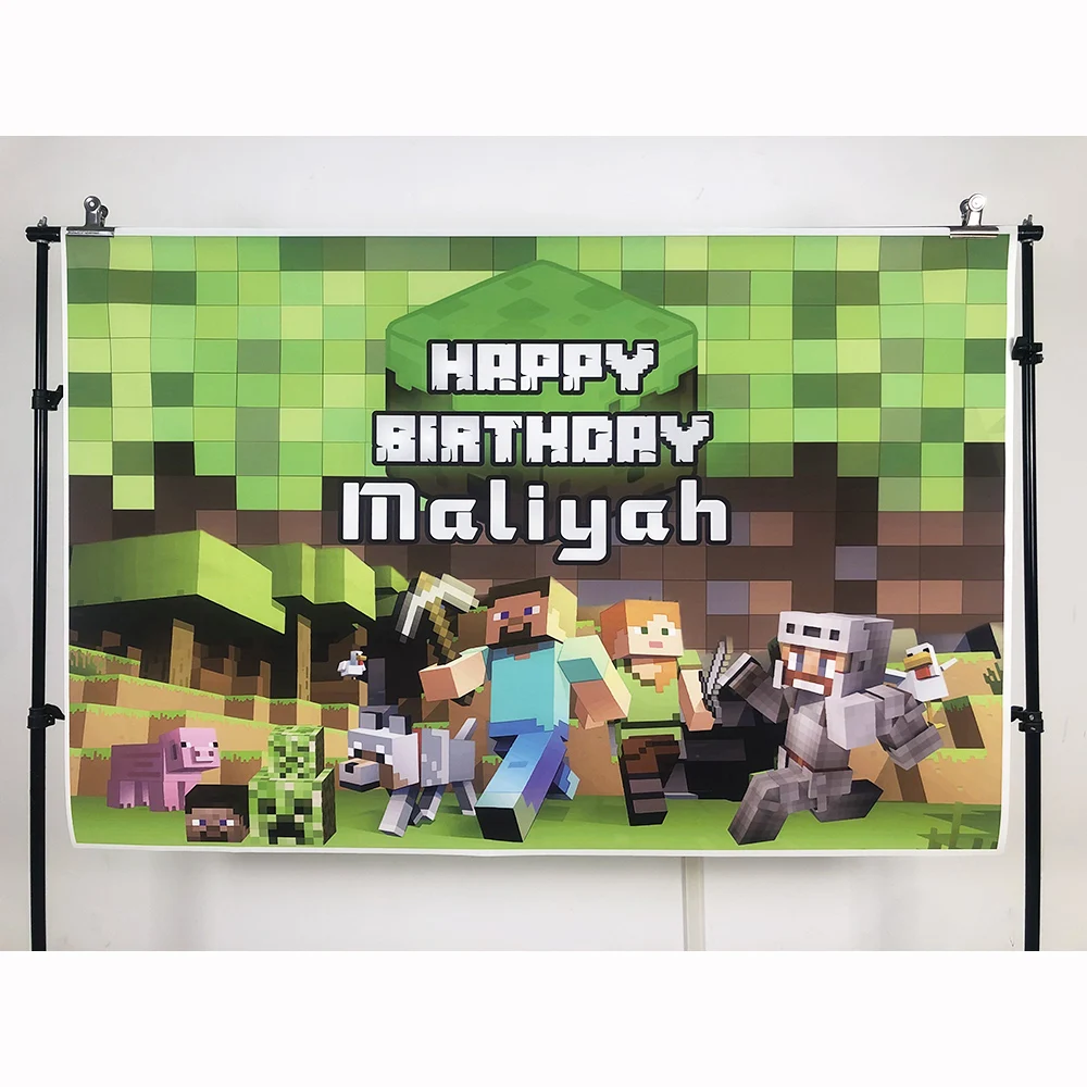 Custom Name Photophone Backdrops Pixel Game Themed Birthday Banner Photo Background Children Baby Boy Party Decor Photocall