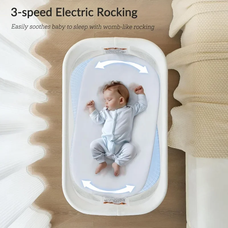 Rocking Bassinet for Baby 3 Speeds, Smart Motion Detection, Electric Bedside Sleeper with 8 Soothing Music, Auto Bedside Crib fo