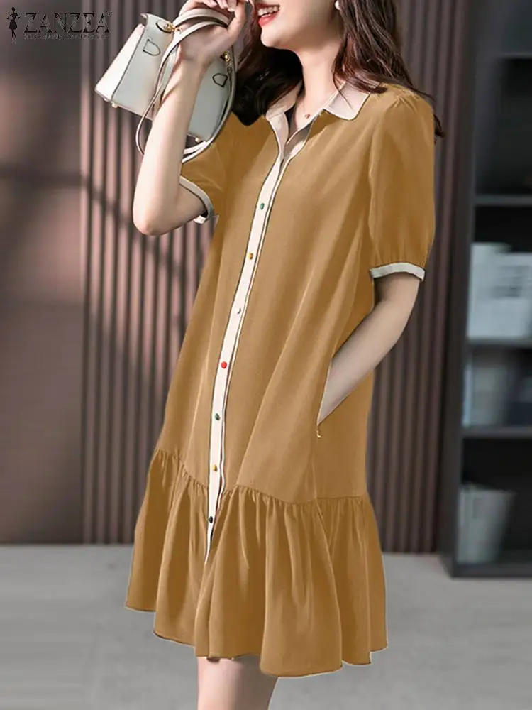 

ZANZEA 2023 Summer Ruffled Hem Shirtdress Lapel Casual Robes Women Short Sleeve Mini Dress Colored Buttons Loose Fashion Vestido
