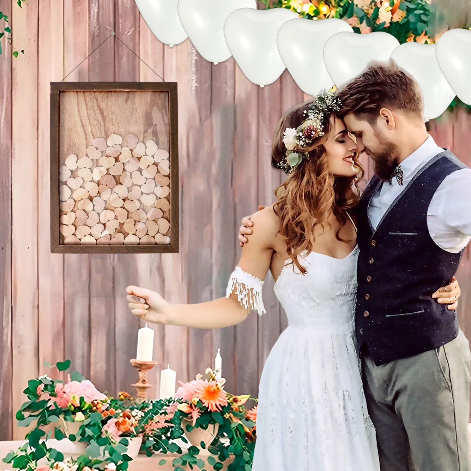 Wooden Wedding Guest Note Book with 100 Heart-Shaped Personalized Wood Frame Drop Box Creative Wedding Decor Guest Sign in Book
