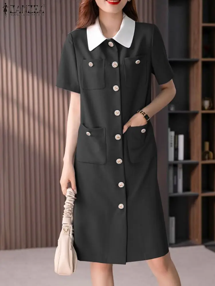 

ZANZEA Korean Fashion Button Down Dress Woman Short Sleeve Lapel Neck Shirtdress Vintage OL Work Sundress Casual Party Robe