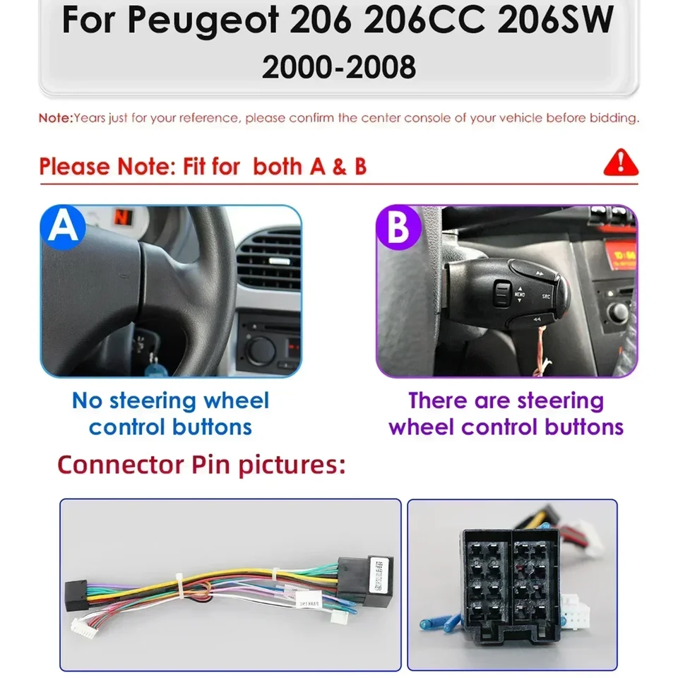 Autoradio Android 14 Pour Peugeot 206 (2000-2008) - 7 Pouces Tactile, 2+32 Go, GPS, CarPlay, Android Auto, WiFi, Bluetooth
