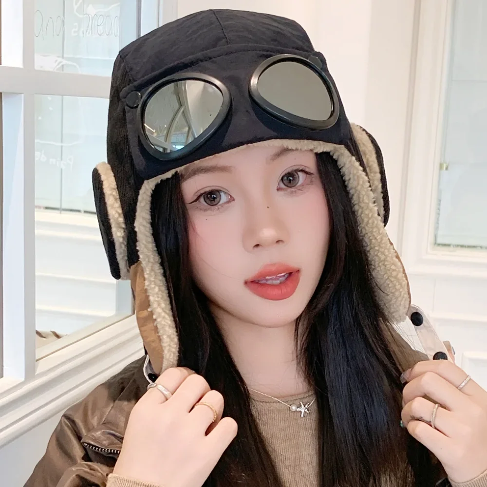 Hot Sale Women Warm Bomber Hats With Goggles Plush Fur Winter Hat With Earflap Winter Dandy Cap
