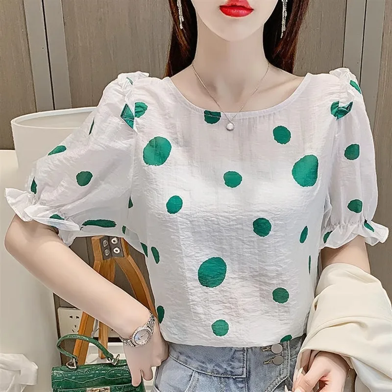 

Fashion Women Summer Short Sleeved Polka Dot Puff Sleeve New Round Neck Backless Frenulum Hollow Out Loose All-match T-shirt