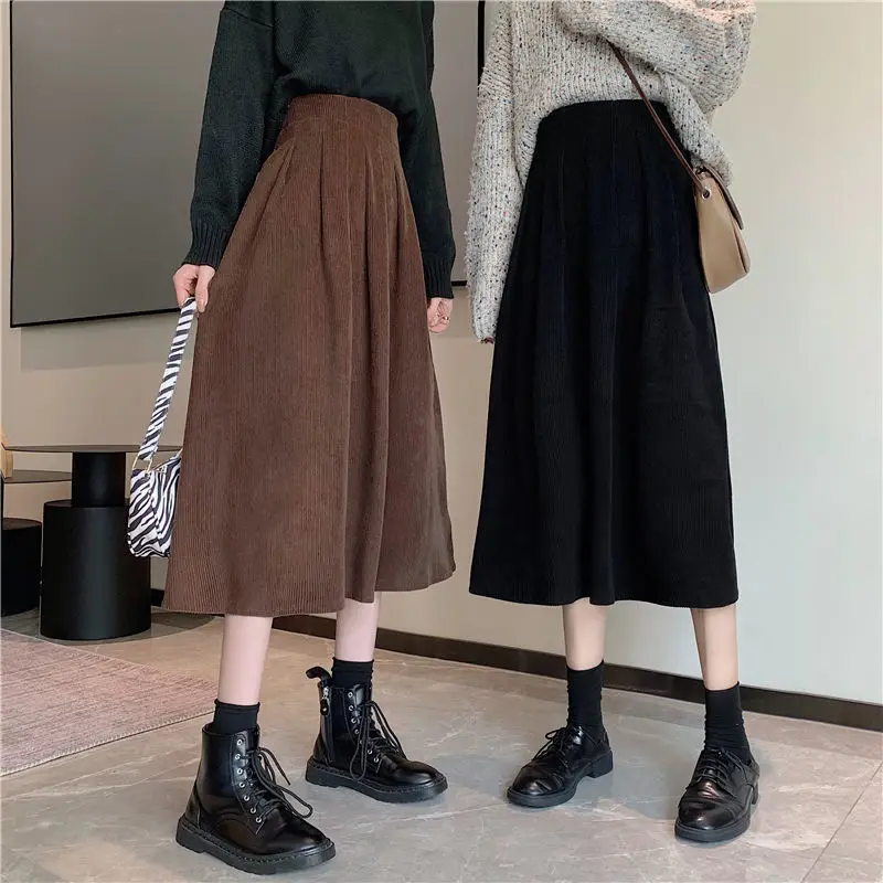 

Autumn Corduroy Skirt Women Elastic Waist A Line Loose Casual Mid Calf Skirt Female Classy Shirring Solid Color Clothing T482