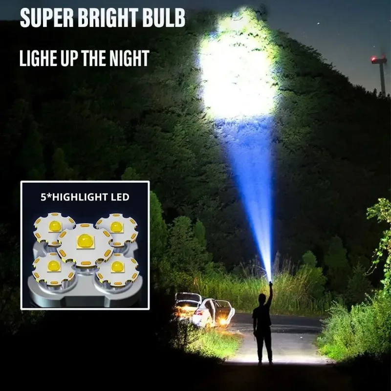 5LED High-Power Rechargeable Flashlight with Side Light 3 Modes Camping Spotlight Outdoor Adventure Lighting Tool Waterproof