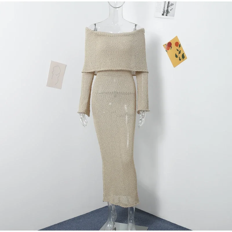 Beach Knitted Off The Shoulder Long Dress Women Slim Flare Sleeve Hollow Out Maxi Dresses 2025 Summer Lady Hip Package Robes