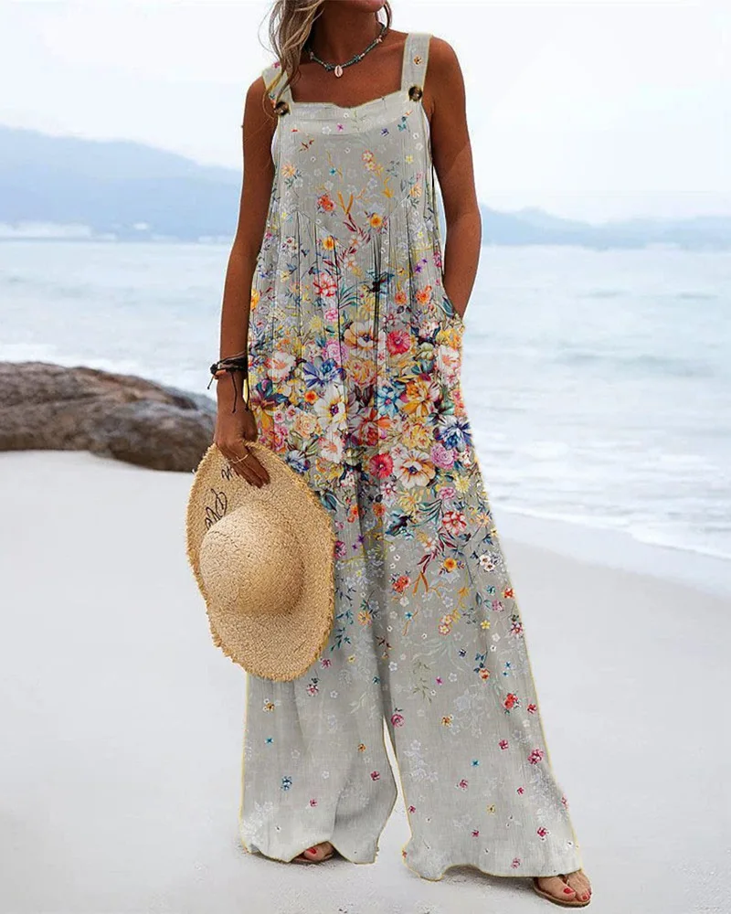 

Floral Print Pocket Decor Wide Leg Suspender Jumpsuit Women Loose Overall High Waist Sleeveless Summer Pants Jumpsuits