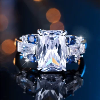 White Square Zircon Blue Stone Ring Vintage Fashion Silver Color Wedding Bands Engagement Rings For Women Men Minimalist Jewelry