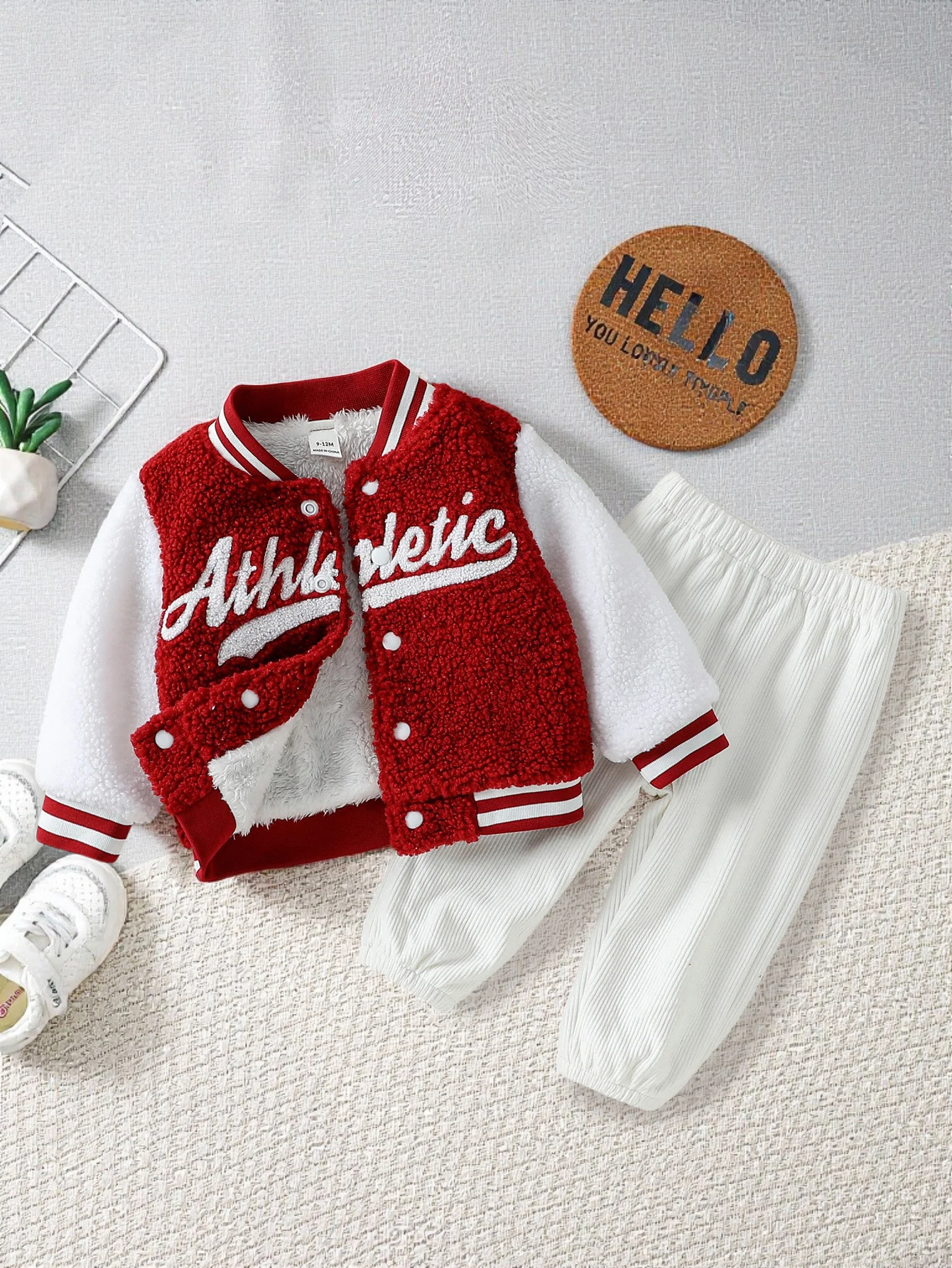 2Pcs 2025 New Baby Girls Clothes Plush Jacket Coat Infant Tops With Letter Winter Warm & Solid Pant Set For 1-3Y Casual Fashion 1