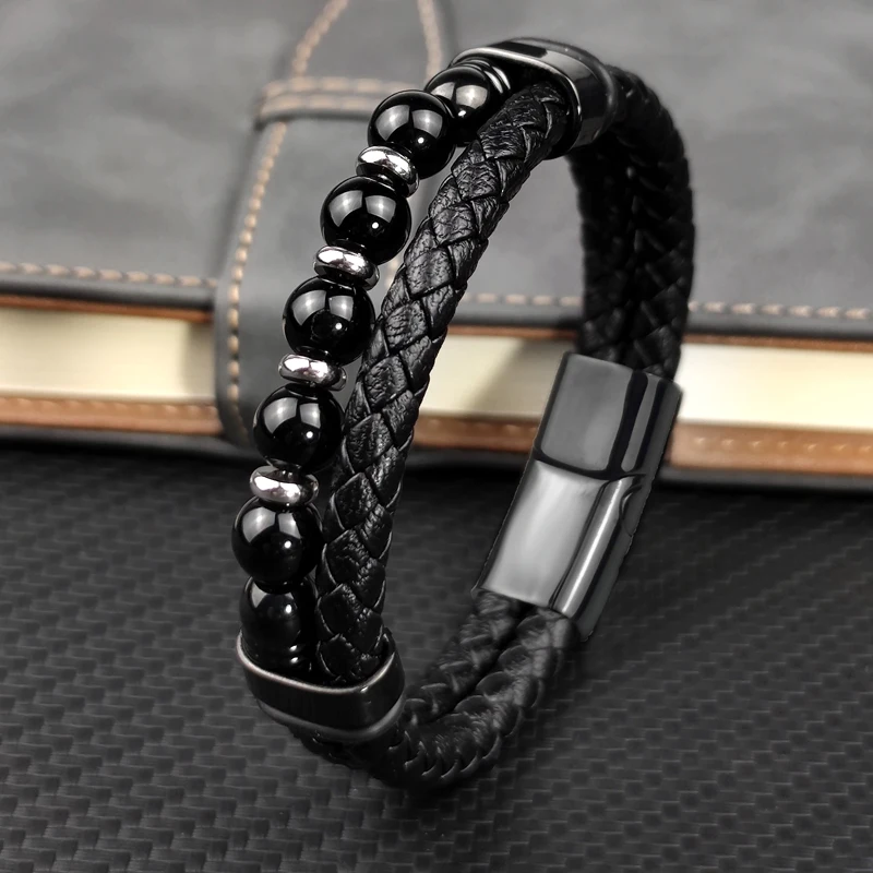 Jewelry Chakra Men Women Bracelet Stainless Steel Chain Beads Genuine Leather Magnetic Natural Stone