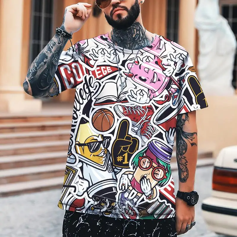 Men's Fashion Street Hip-hop Graffiti 3d Printing Leica Polyester Fabric T-shirt Brand Plus Size 5