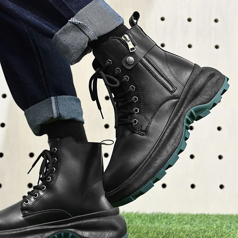 New Men's Winter High Top Casual Work Boots Thick Bottom Non Slip Business Casual Leather Boots Army Boots Zapatos Hombre